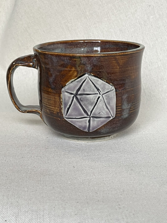Brown Mug with Sculpted Purple 20-Sided Dice